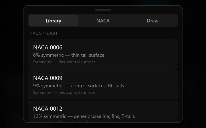 Airfoil library of NACA sections with tabs for typing a NACA code or drawing your own