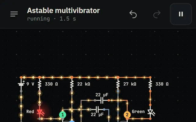 An astable multivibrator blinking two LEDs on a phone, with three scope channels showing the square waves and the capacitor sawtooth