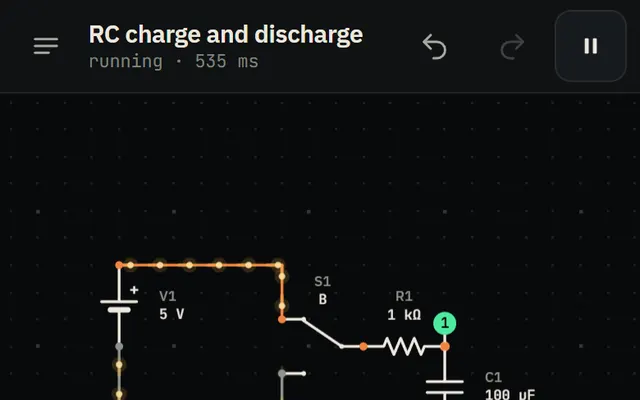 The RC charge and discharge example on a phone with the scope tracing the capacitor voltage and resistor current