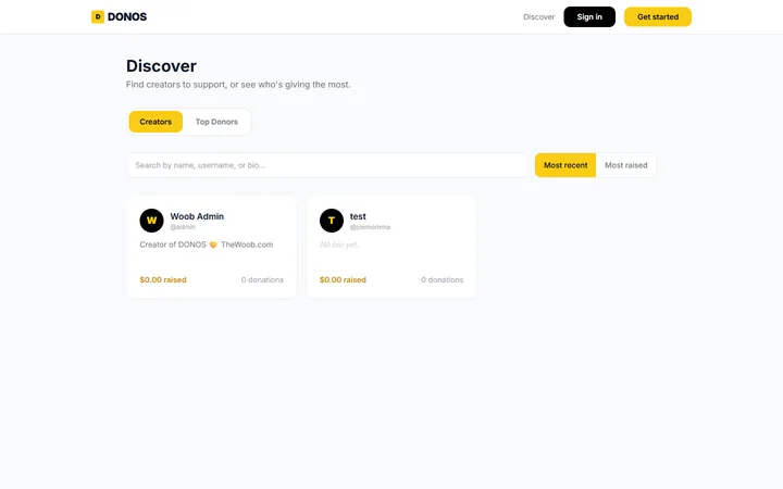 Discover page listing creators with totals raised and a top donors tab