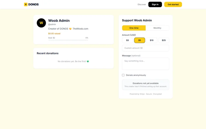 A creator donation page with preset amounts, monthly option, and a goal bar