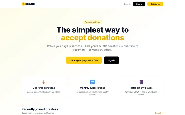 DONOS home page: the simplest way to accept donations