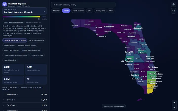 Florida map colored by records turning 65 in the next 12 months