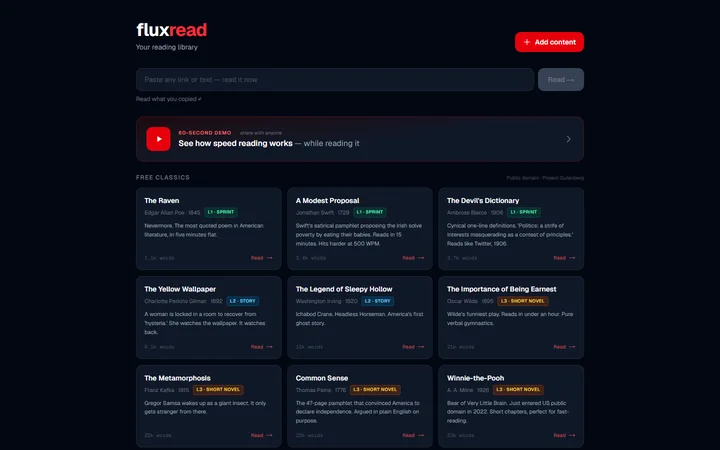 FluxRead library with a paste-a-link box, a 60-second demo, and free public-domain classics