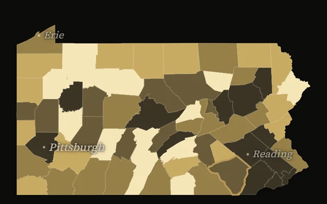 Pennsylvania shaded in matte brass by households with retirement income, with serif place labels, a quintile legend and the topic bar