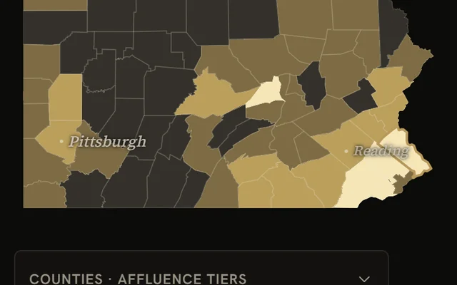 The affluence tiers view of Pennsylvania with a legend of Premier, Affluent, Core and Below Core and the tract counts for Bucks County