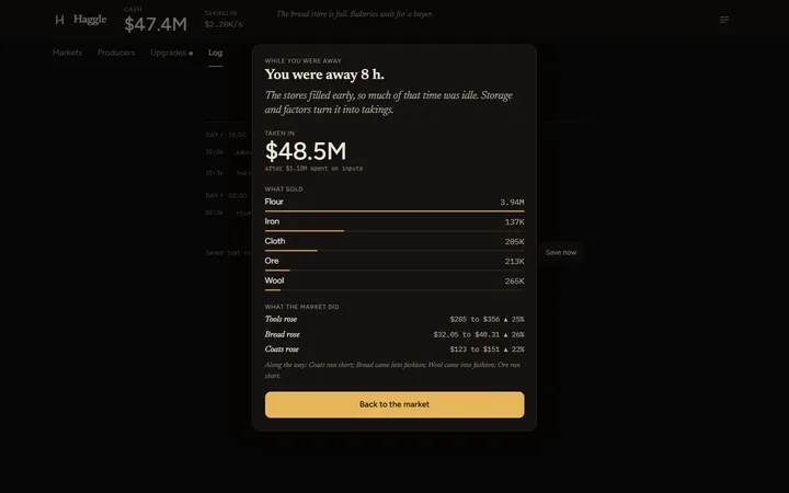 The report shown on return after eight hours away: time away, one line of verdict, what was taken in, what sold with share bars, the price moves that mattered and a single button