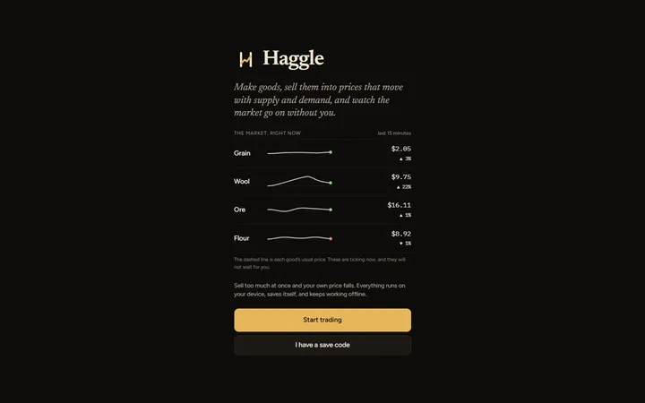 The Haggle first screen: the H mark with a rising price line, one line of what the game is, four live price charts for grain, wool, ore and flour, and Start trading and save-code buttons