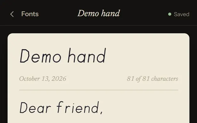 A letter on paper typed in the finished handwriting font, with the font name as a letterhead and a download button