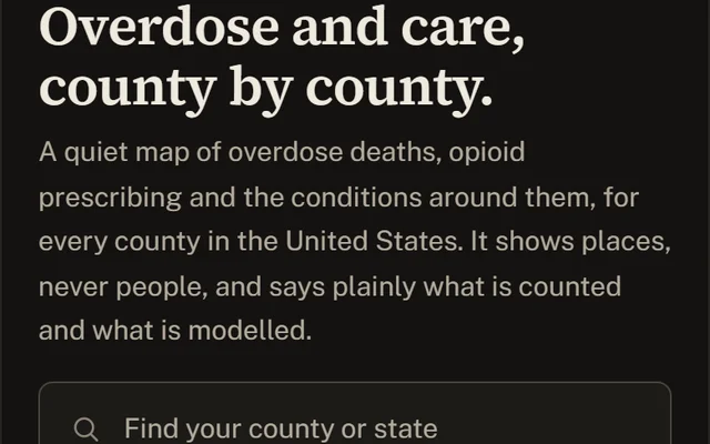 The Lantern opening screen on a phone: the national county map dimmed behind the headline Overdose and care, county by county, a search field and the state grid