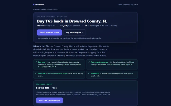 Broward County buy page with live counts and a free sample