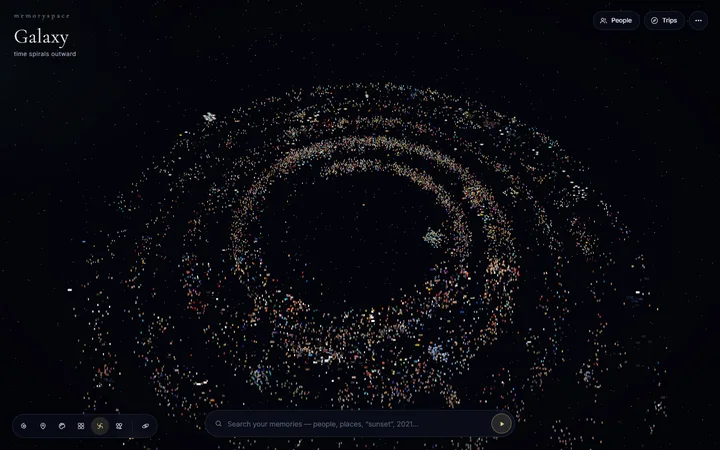 Ten thousand memories arranged as a spiral galaxy, newest on the outside