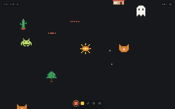 Painting on a desktop: small pixel motifs on a dark ground, a short coral line just placed, and a dock with the colour ring, recent colours, a pen, Explore and the map