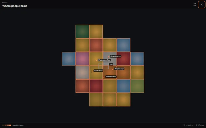 The world map: a cluster of painted chunks in their own colours with a warm edge and glow where pixels are landing, a few named flags, and a box showing where you are