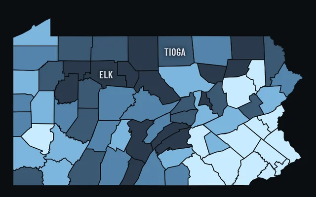 Pennsylvania shaded by natural hazard risk in ice-blue classes on a phone, with the state chip in the top bar and the legend and topic dock below