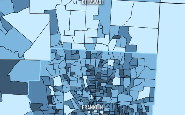 An Ohio county zoomed to its census tracts, each shaded by the same hazard topic