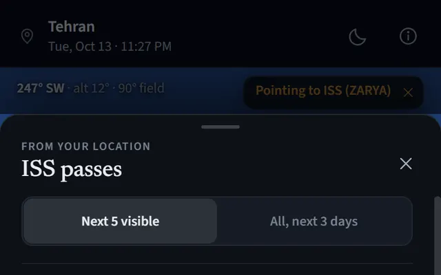 The ISS passes sheet listing the next five visible passes, each with a sketched sky arc, peak elevation, duration and brightness