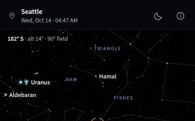 A star placard showing magnitude, altitude, azimuth, constellation, colour and a rise, highest and set timeline