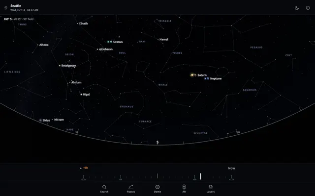 The southern sky over Seattle before dawn with constellation lines, Saturn, Neptune, Aldebaran and Orion labelled