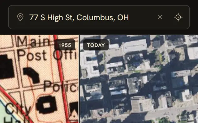 The phone view with a large 1955 numeral, the sheet’s museum-style label and the time rail of available map years