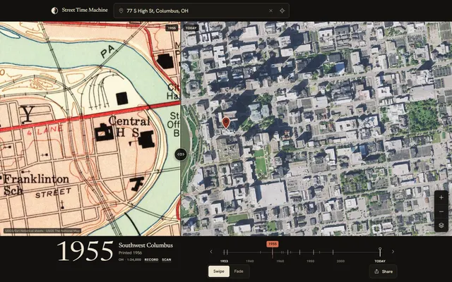 Downtown Columbus in 1955 on a USGS sheet on the left, today’s aerial photo on the right, split by a draggable divider