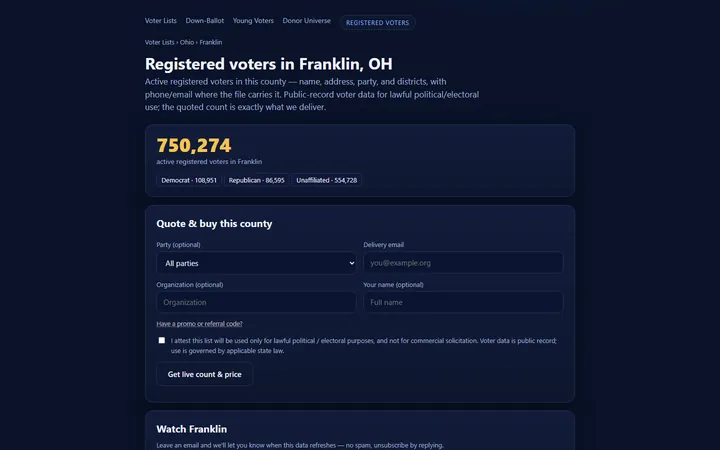 County voter page with party breakdown and live quote form
