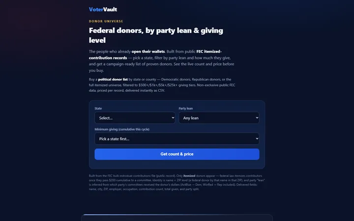 Political donor lists page