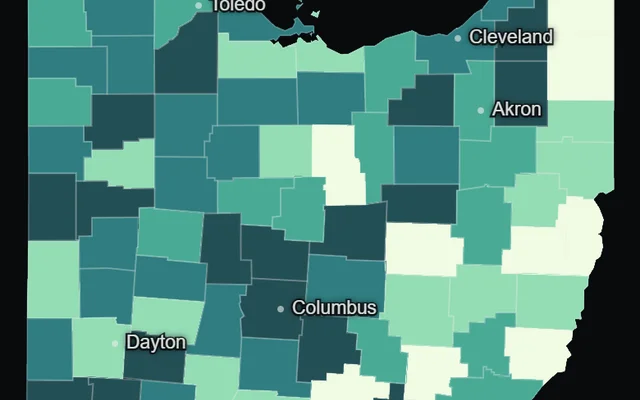 Ohio shaded by diabetes in five mint classes on a phone, with place labels, a legend naming CDC PLACES as the source and the topic bar below