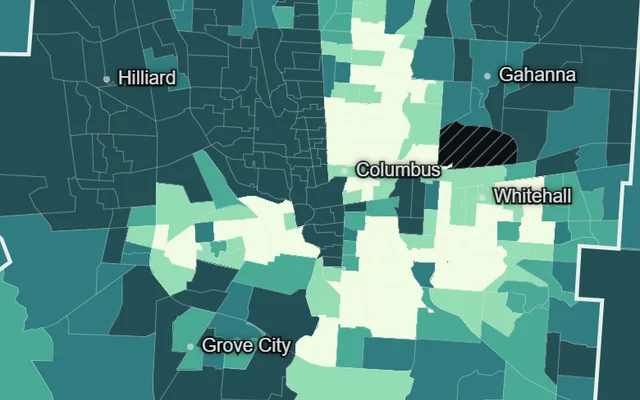 A county zoomed in to its census tracts, each tract shaded by the same topic with its own class breaks